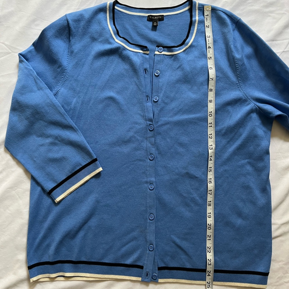 Talbots Blue Cardigan with Striped Trim